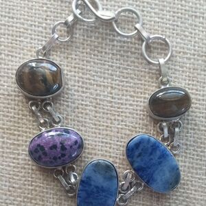 Sterling Silver Vintage Multi -Stone Tiger Eye, Sodalite Bracelet